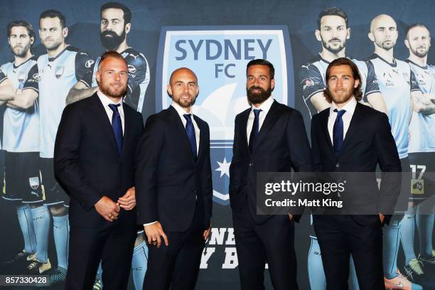 Jordy Buijs, Adrian Mierzejewski, Alex Brosque and Joshua Brillante pose during the Sydney FC 2017/18 A-League Season Launch at the Westin on October...