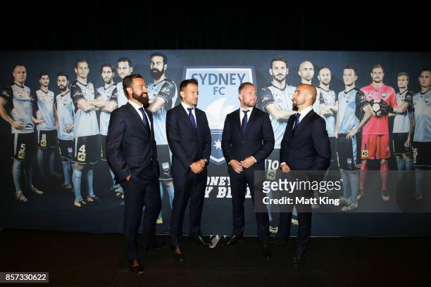 Alex Brosque, Bobo, Jordy Buijs and Adrian Mierzejewski pose during the Sydney FC 2017/18 A-League Season Launch at the Westin on October 4, 2017 in...