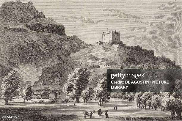 Trip to Valsavaranche, Verres Castle, Aosta Valley, Italy, illustration from Nuova illustrazione Universale, Year 1, Vol II, No 31, June 28, 1874.