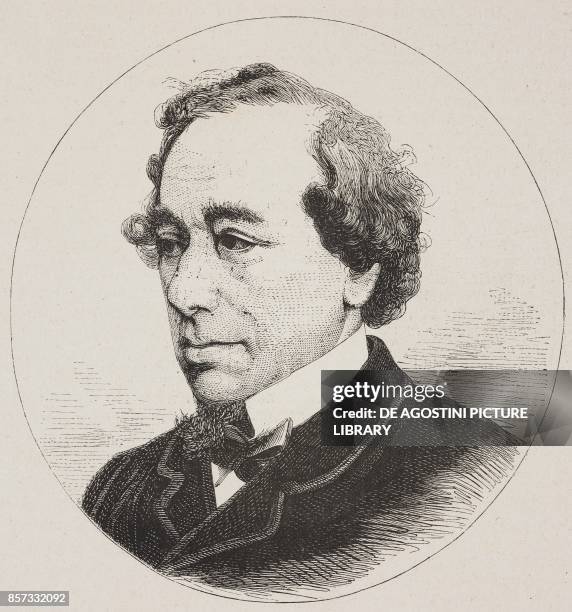 Portrait of Benjamin Disraeli , British politician and writer, illustration from Nuova illustrazione Universale, Year 1, No 11, February 22, 1874.