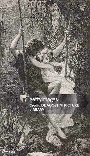 Springtime, a boy and girl on a swing, engraving from a painting by Pierre Auguste Cot , illustration from Nuova illustrazione Universale, Year 1, No...