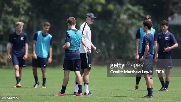 Danny Hay, Head Coach of New Zealand talks to his players during a training session ahead of the FIFA U-17 World Cup India 2017 tournament at the DY...