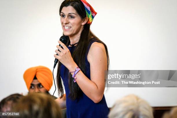 Democratic primary candidate Danica Roem makes her pitch to voters at the Bull Run Swim & Raquet Club while debating three fellow Democrats vying to...