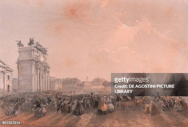 The entrance of Vittorio Emanuele II and Napoleon II in Milan, Lombardy Second War of Independence, lithograph by Carlo Perrin from the drawing by...