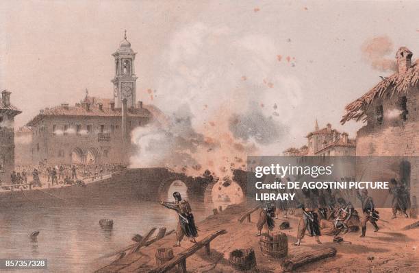 Fighting in the village of Boffalora Ticino, Lombardy Second War of Independence, lithograph by Carlo Perrin from the drawing by Carlo Bossoli ,...