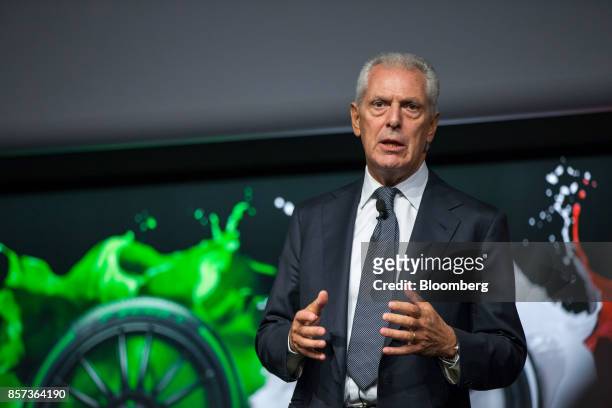 Marco Tronchetti Provera, chief executive officer of Pirelli & C. SpA, gestures while speaking during the Pirelli & C. SpA launch ceremony at the...