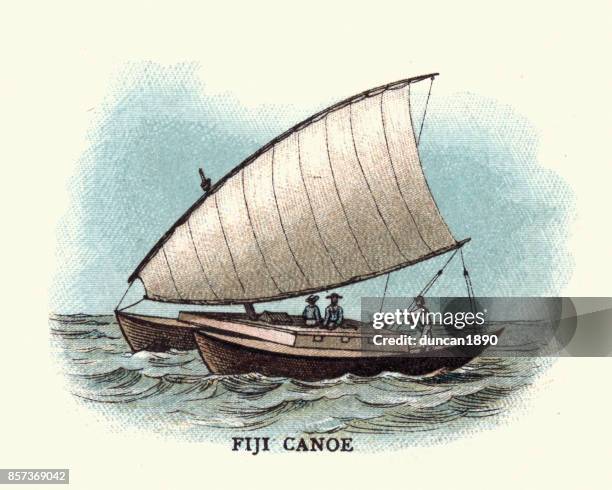 traditional fiji canoe, 19th century - catamaran sailboat stock illustrations