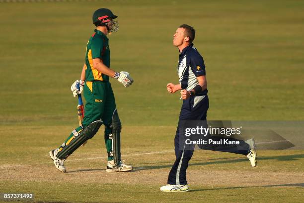 Peter Siddle of the Bushrangers celebrates the wicket of Simon Milenko of the Tigers during the JLT One Day Cup match between Victoria and Tasmania...