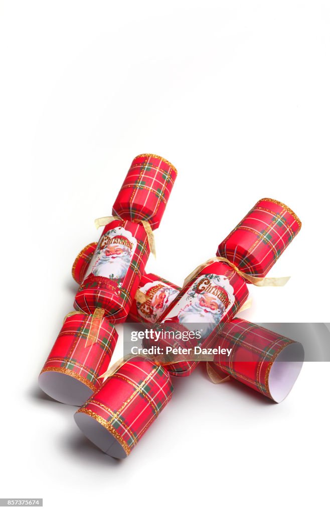 GENERIC CHRISTMAS CRACKERS ON WHITE BACKGROUND