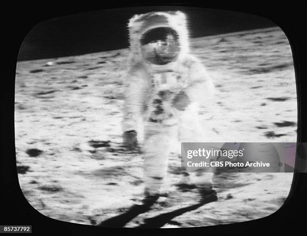 Television screen grab from a CBS News Special Report: shows an Apollo 11 astronaut on the moon, July 1969.