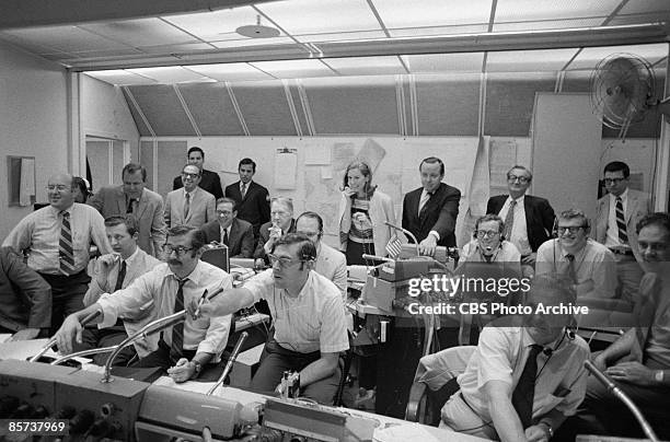 Control room at the CBS Space Center during the Splashdown and Recover of the Apollo 11 astronauts, New York, July 1969.