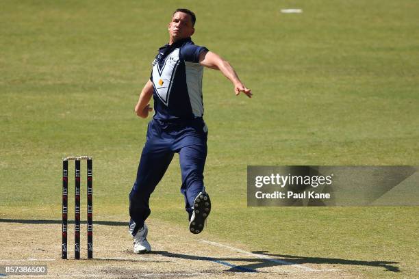 Chris Tremain of the Bushrangers bowls during the JLT One Day Cup match between Victoria and Tasmania at WACA on October 4, 2017 in Perth, Australia.