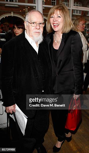 Sir Peter Blake and wife attend the private view of 'No Love Lost' an exhibition by Daisy de Villeneuve and Natasha Law, at the Eleven Gallery on...