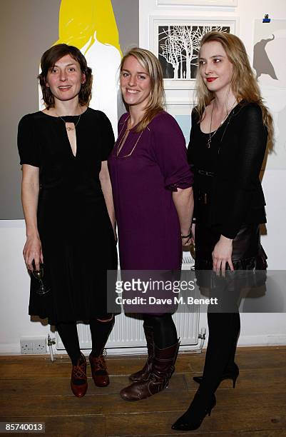 Natasha Law, Laura Parker Bowles and Daisy de Villeneuve attend the private view of 'No Love Lost' an exhibition by Daisy de Villeneuve and Natasha...