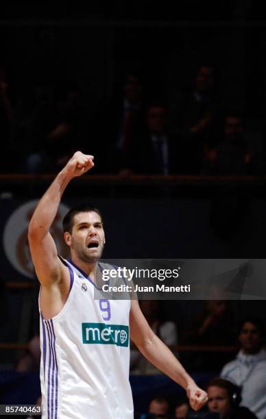 Felipe Reyes, #9 of Real Madrid in action during the Play Offs Game 3 between Real Madrid and Olympiacos Piraeus at the Palacio Vistalegre on March...