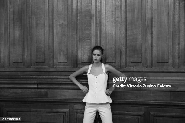 Model poses prior the Paul & Joe show as part of the Paris Fashion Week Womenswear Spring/Summer 2018 on October 3, 2017 in Paris, France.