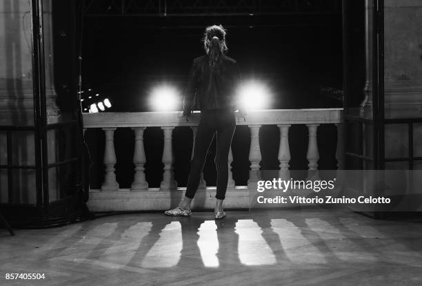 Model poses prior the Paul & Joe show as part of the Paris Fashion Week Womenswear Spring/Summer 2018 on October 3, 2017 in Paris, France.