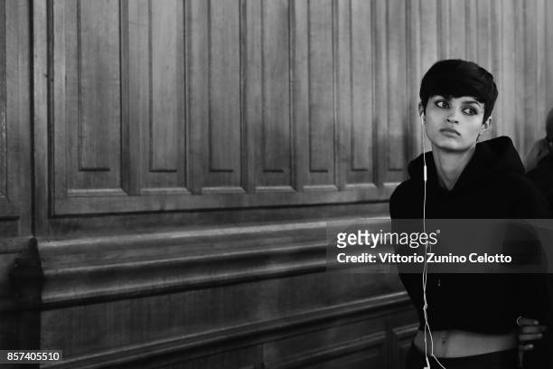 Model poses prior the Paul & Joe show as part of the Paris Fashion Week Womenswear Spring/Summer 2018 on October 3, 2017 in Paris, France.