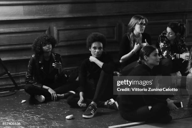 Models pose prior the Paul & Joe show as part of the Paris Fashion Week Womenswear Spring/Summer 2018 on October 3, 2017 in Paris, France.