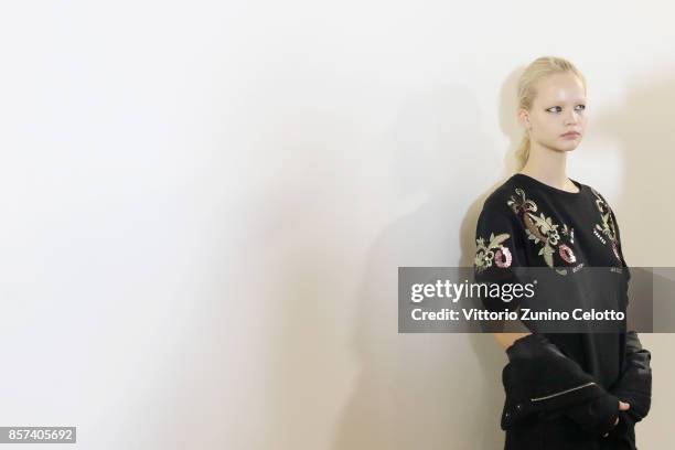 Model poses prior the Paul & Joe show as part of the Paris Fashion Week Womenswear Spring/Summer 2018 on October 3, 2017 in Paris, France.