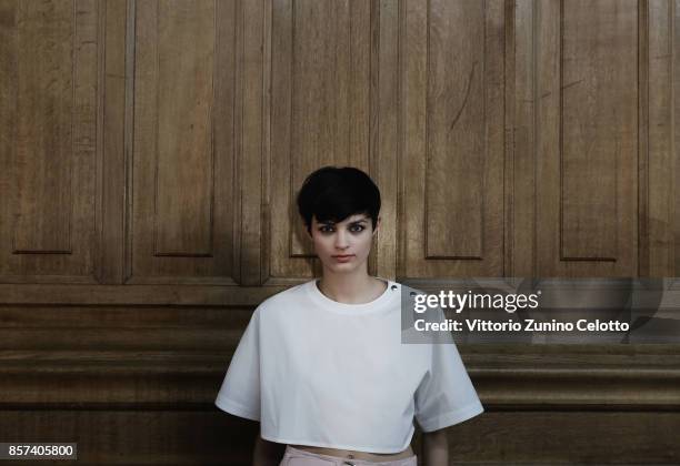 Model poses prior the Paul & Joe show as part of the Paris Fashion Week Womenswear Spring/Summer 2018 on October 3, 2017 in Paris, France.