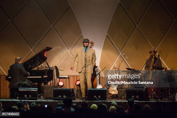 Chip Crawford, Gregory Porter and Tivon Pennicott performs live on stage at Cine Joia on October 3, 2017 in Sao Paulo, Brazil.