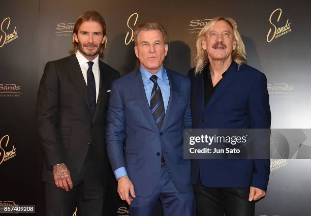 David Beckham, Robert G. Goldstein and Joe Walsh attend the photocall for Las Vegas Sands at Palace Hotel on October 4, 2017 in Tokyo, Japan.