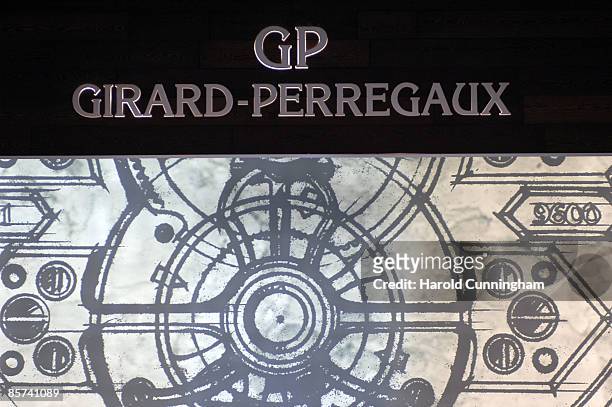 The Girard-Perregaux logo is displayed on its booth during the Salon International de la Haute Horlogerie at Geneva Palexpo on January 22, 2009 in...