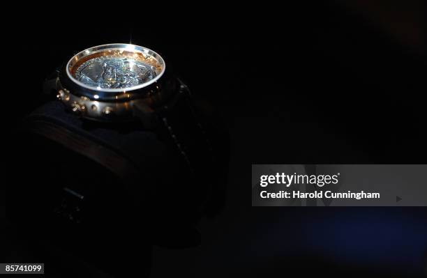 An Audemars Piguet watch is displayed on its booth during the Salon International de la Haute Horlogerie at Geneva Palexpo on January 22, 2009 in...