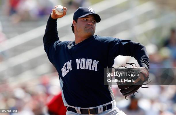 Brian Bruney of the New York Yankees pitches against the Cincinnati Reds during a Grapefruit League Spring Training Game at Ed Smith Stadium on March...