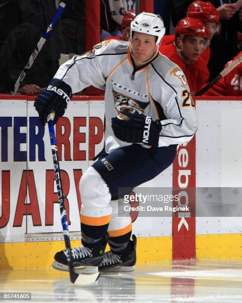 Ryan Suter of the Nashville Predators skates up ice during a NHL game against the Detroit Red Wings on March 29, 2009 at Joe Louis Arena in Detroit,...