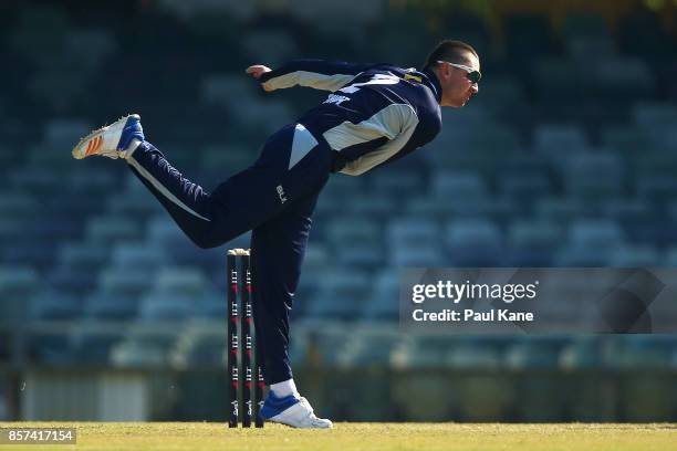 Matt Short of the Bushrangers bowls during the JLT One Day Cup match between Victoria and Tasmania at WACA on October 4, 2017 in Perth, Australia.