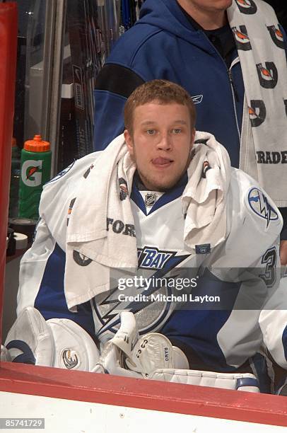 Karri Ramo of the Tampa Bay Lightning looks on during a NHL hockey game against the Washington Capitals on March 27, 2009 at the Verizon Center in...