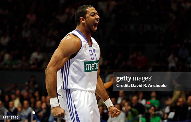 Jeremiah Massey of Real Madrid reacts during the Play off Game 3 between Real Madrid and Olympiacos Piraeus at Palacio Vistalegre on March 31, 2009...