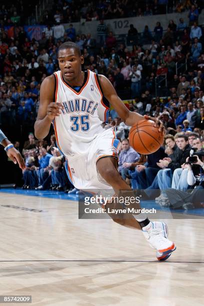 Kevin Durant of the Oklahoma City Thunder drives to the basket during the game against the Denver Nuggets on January 2, 2009 at the Ford Center in...