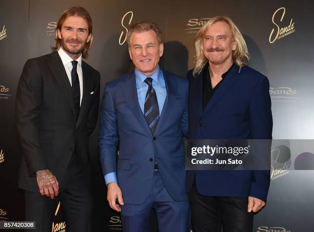 David Beckham, Robert G. Goldstein and Joe Walsh attend the photocall for Las Vegas Sands at Palace Hotel on October 4, 2017 in Tokyo, Japan.