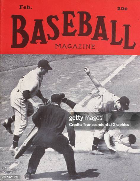 Baseball Magazine features a photograph of onfield action at third base, February 1944.