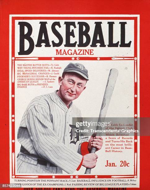 Baseball Magazine features an illustration of outfielder Ty Cobb, January 1927.