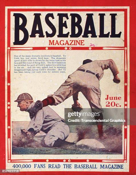 Baseball Magazine features a photograph of outfielder Ty Cobb as he slides into third base, June 1920.