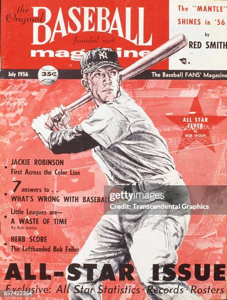 Baseball Magazine features an illustration of outfielder Mickey Mantle at bat, July 1956.