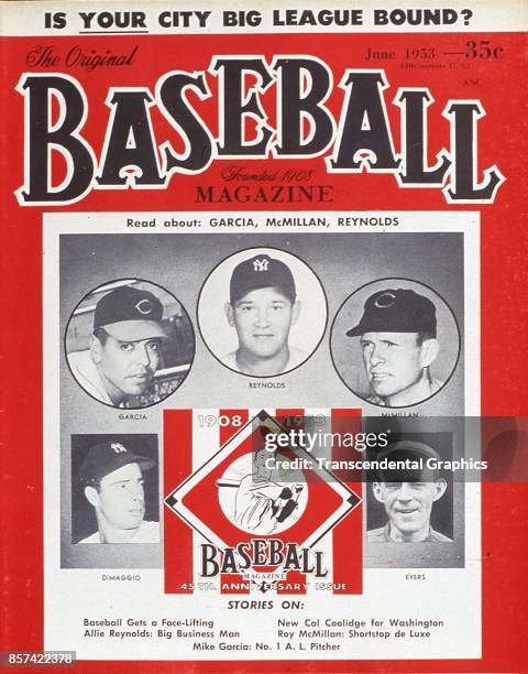 Baseball Magazine features a photograph of players, clockwise from lower left, Joe Dimaggio, Mike Garcia, Allie Reynolds, Roy McMillan, and Johnny...