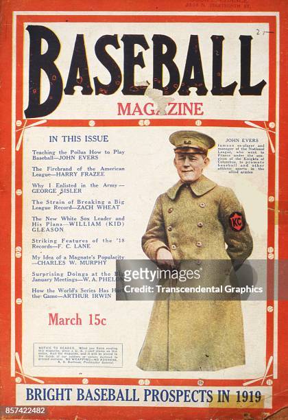 Baseball Magazine features a photograph of second baseman Johnny Evers in a Knight of Columbus uniform, March 1919.
