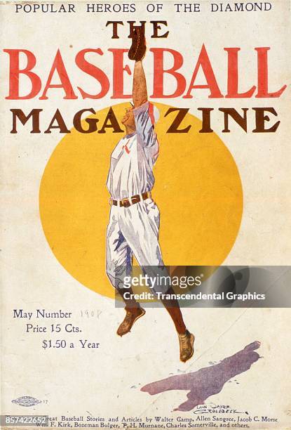 Baseball Magazine features an illustration of a fielder in action, May 1908.