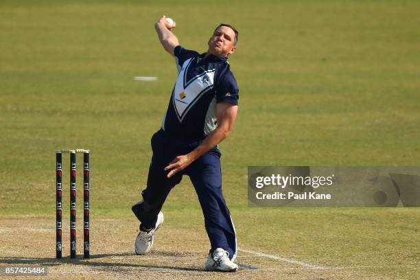 Chris Tremain of the Bushrangers bowls during the JLT One Day Cup match between Victoria and Tasmania at WACA on October 4, 2017 in Perth, Australia.