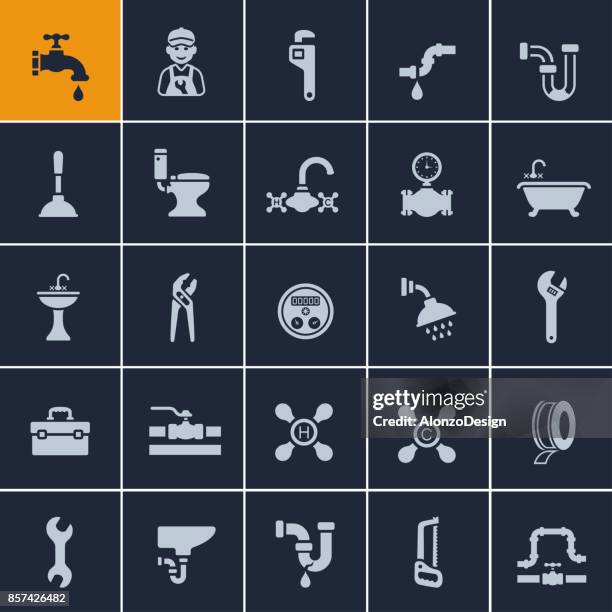 ilustraciones, imágenes clip art, dibujos animados e iconos de stock de conjunto de iconos de fontanero - plumber