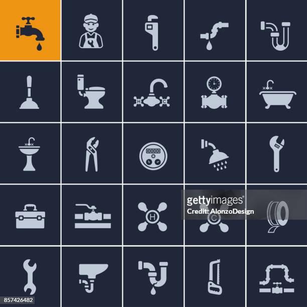 plumber icon set - water pipe stock illustrations