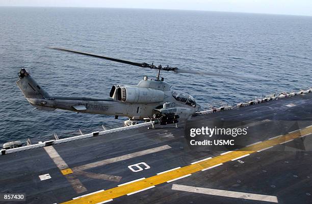 An AH-1W "Super Cobra" helicopter assigned to Helicopter Medium Squadron One Six Five with the 13th Marine Expeditionary Unit Special Operations...