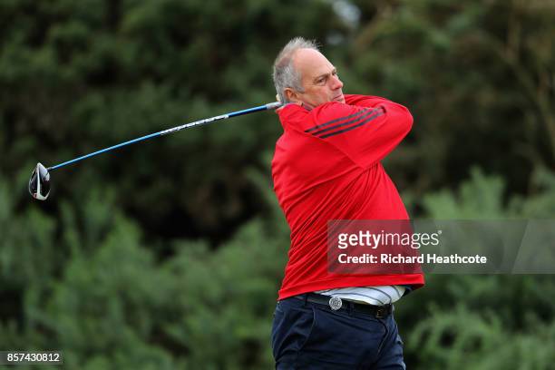 Former British Rower, Sir Steve Redgrave in action during practice prior to the 2017 Alfred Dunhill Links Championship at Kingsbarns on October 4,...