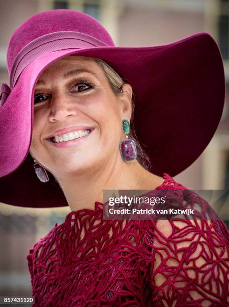 Queen Maxima of The Netherlands opens the traveling exhibition Ten Top Pieces On Tour in the Mauritshuis museum on October 4, 2017 in The Hague,...