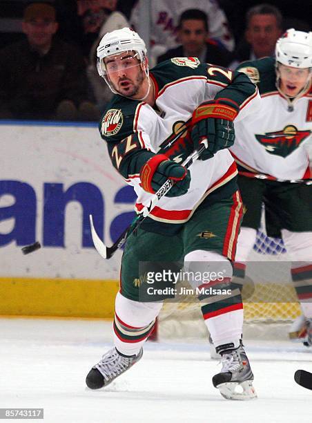 Cal Clutterbuck of the Minnesota Wild skates against the New York Rangers on March 24, 2009 at Madison Square Garden in New York City.The Rangers...